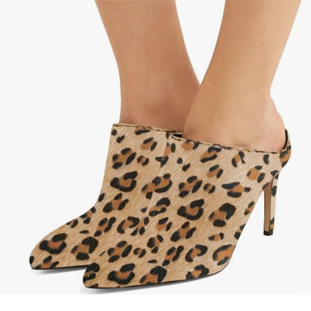 FSJ Leopard Slip On Pointed Toe Mules Slide Sandals Stiletto High Heels Shoes